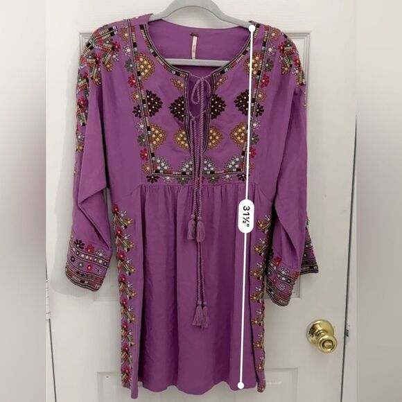 Free People Embroidered Linen Dress Tunic Size XS Purple Tie Front Embellished - Picture 9 of 9